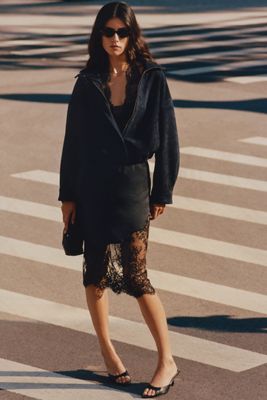 By Anthropologie Lace-Trim Midi Slip Skirt