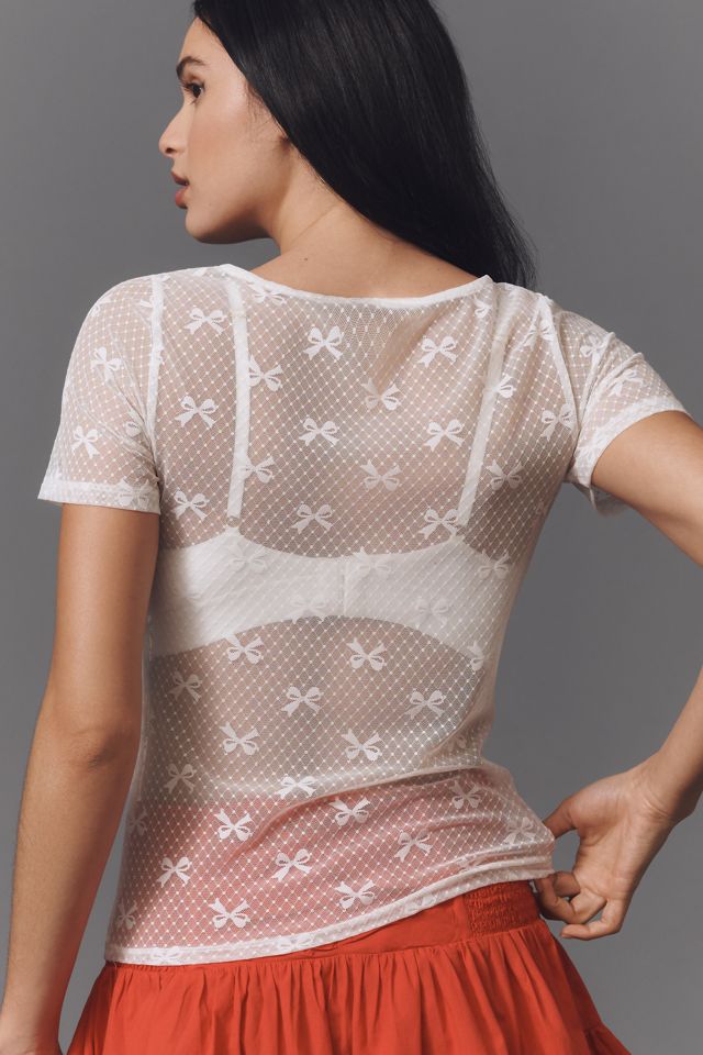 By Anthropologie Short-Sleeve Bow Motif Sheer Top #1