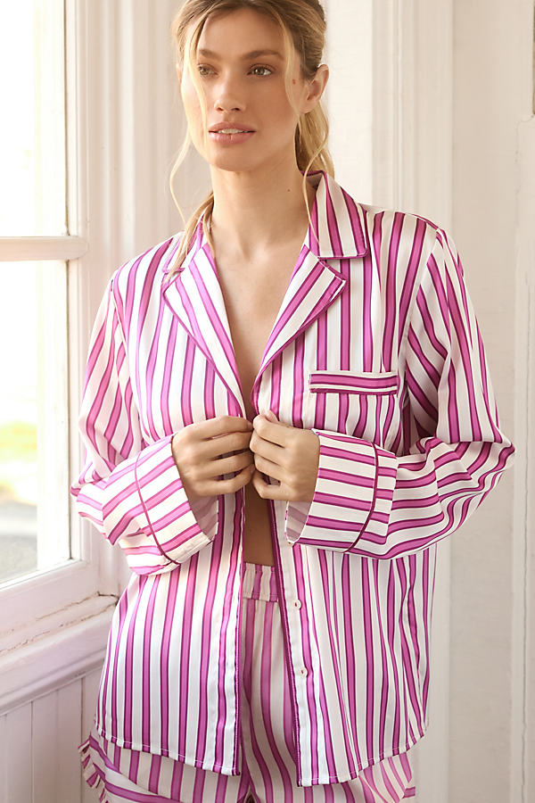 By Anthropologie Ruffled Striped Pajama Shirt In Pink