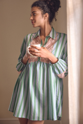 By Anthropologie Long-Sleeve Lace-Inset Swing Mini Dress | Anthropologie