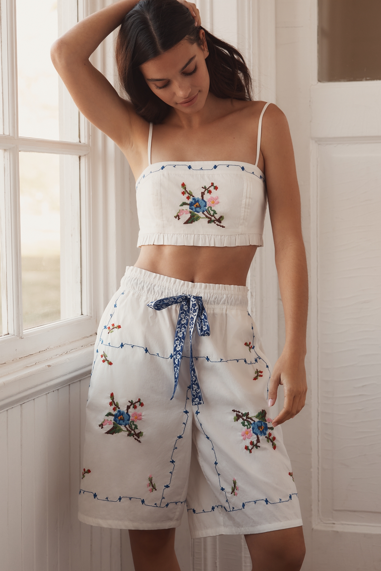 By Anthropologie Embroidered Smocked Bandeau Top