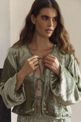 LyreBird Beaded Velvet Cropped  Jacket