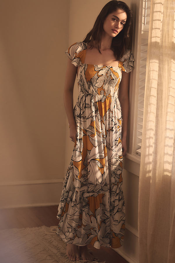 Shop Alexandra Farmer Short-sleeve Smocked Midi Dress In Multicolor