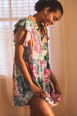 Shop By Anthropologie Flutter-sleeve Printed Pajama Dress In Multicolor