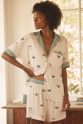 By Anthropologie The Briar Piped Pajama Shirt: Short-sleeve Edition In Neutral