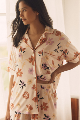 By Anthropologie The Briar Piped Pajama Shirt: Short-sleeve Edition In Sand