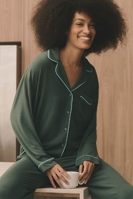 Shop By Anthropologie The Briar Piped Pajama Shirt: Long-sleeve Edition In Green