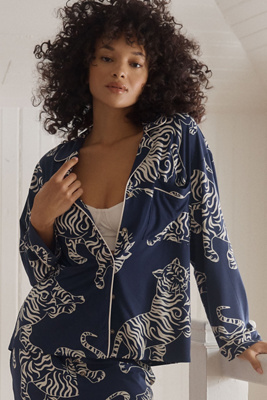 Lyrebird The  Modaluxe Long-sleeve Pajama Shirt In Blue