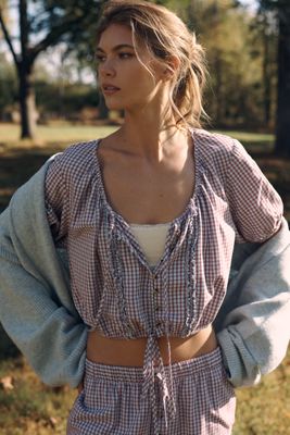 LyreBird Short-Sleeve Flannel Buttondown Crop Top