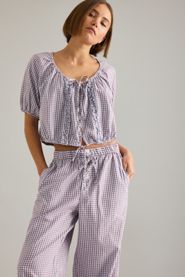 Lyrebird Short-sleeve Flannel Buttondown Crop Top In Multi