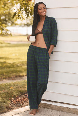 LANBAOSI Women's Flannel Pajama Set – Long Sleeve, Lightweight, Navy Stripes, Cozy Sleepwear