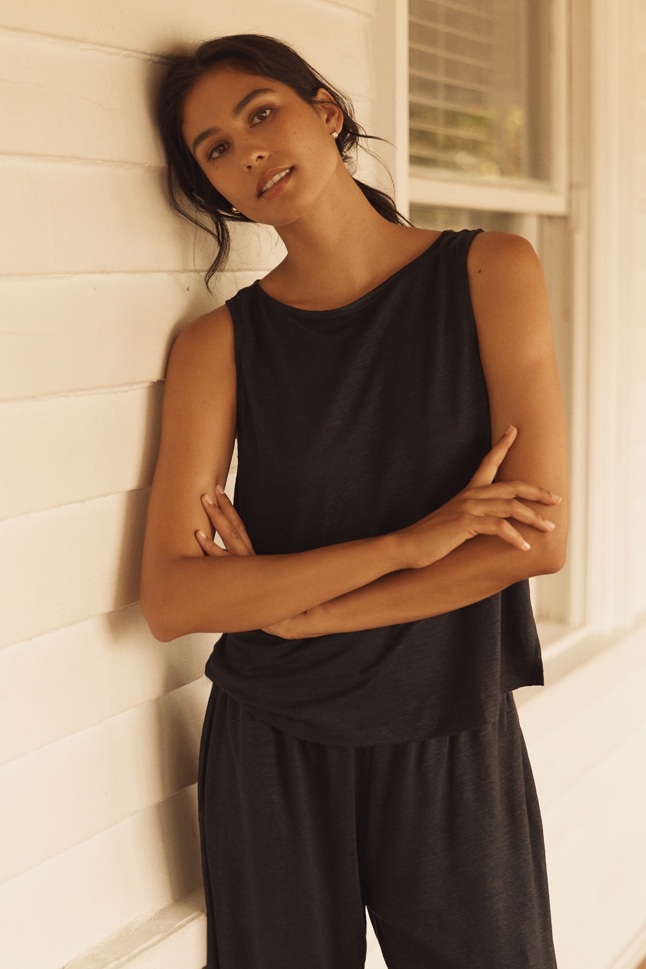 Eberjey Linen Boat-Neck Crop Tank