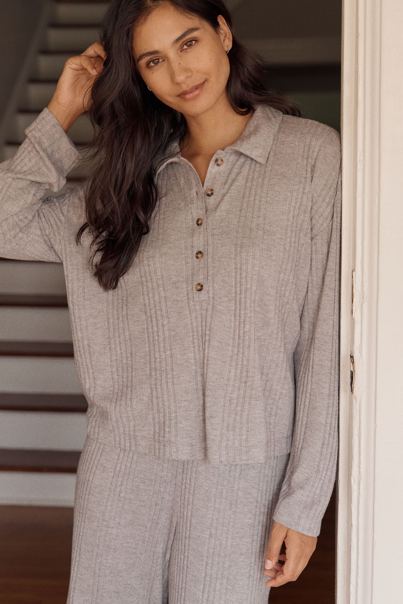 Eberjey Variegated Rib Long-Sleeve Polo