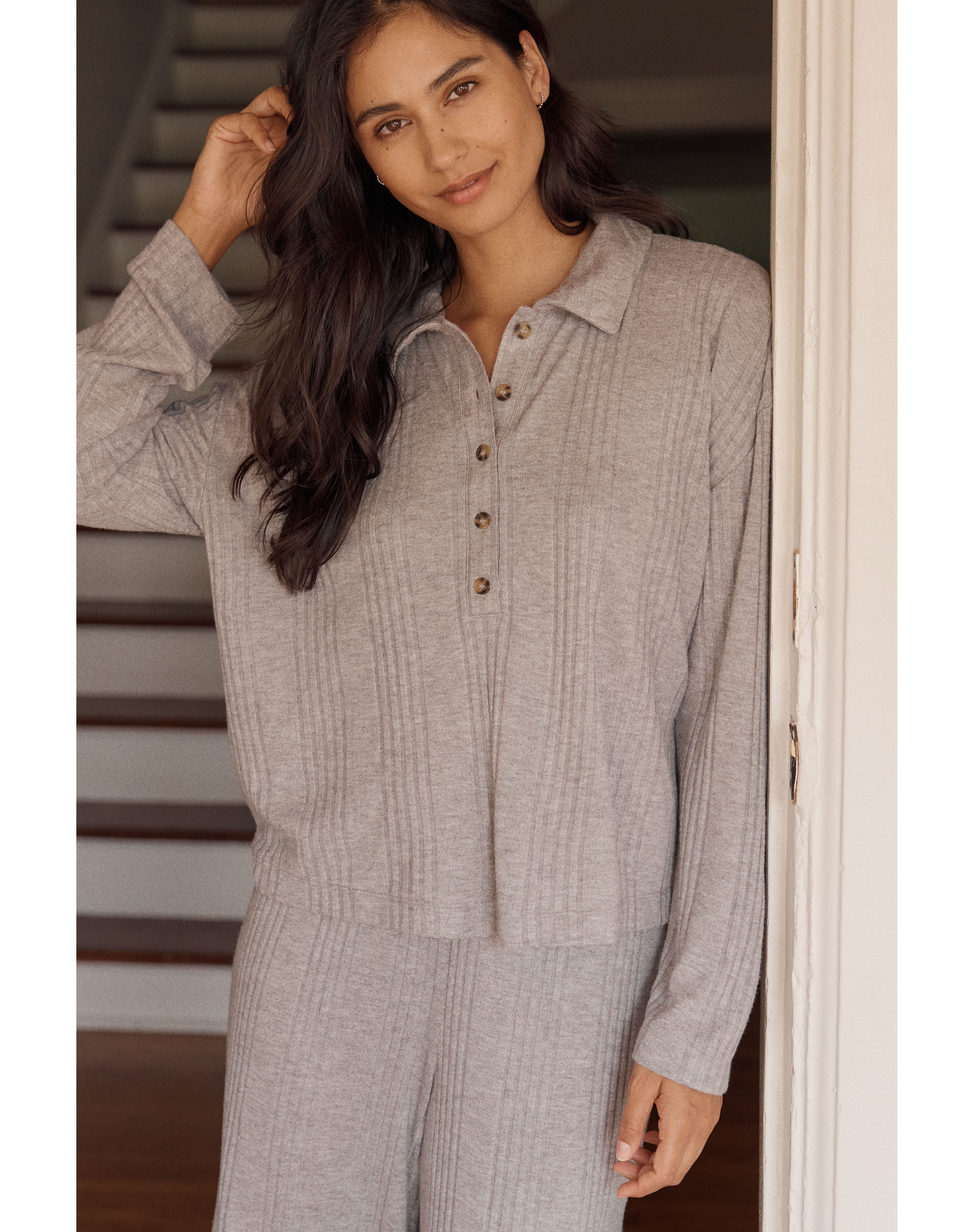 Eberjey Variegated Rib Long-Sleeve Polo