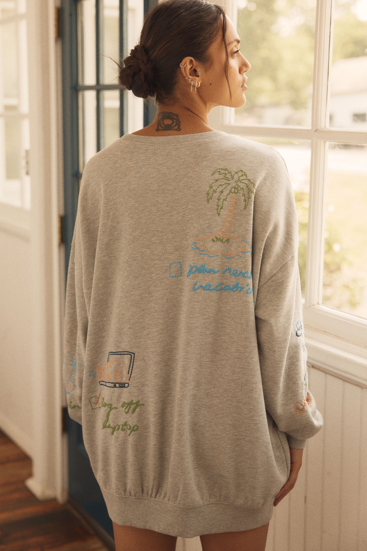 By Anthropologie Embroidered Crew-Neck Sweatshirt