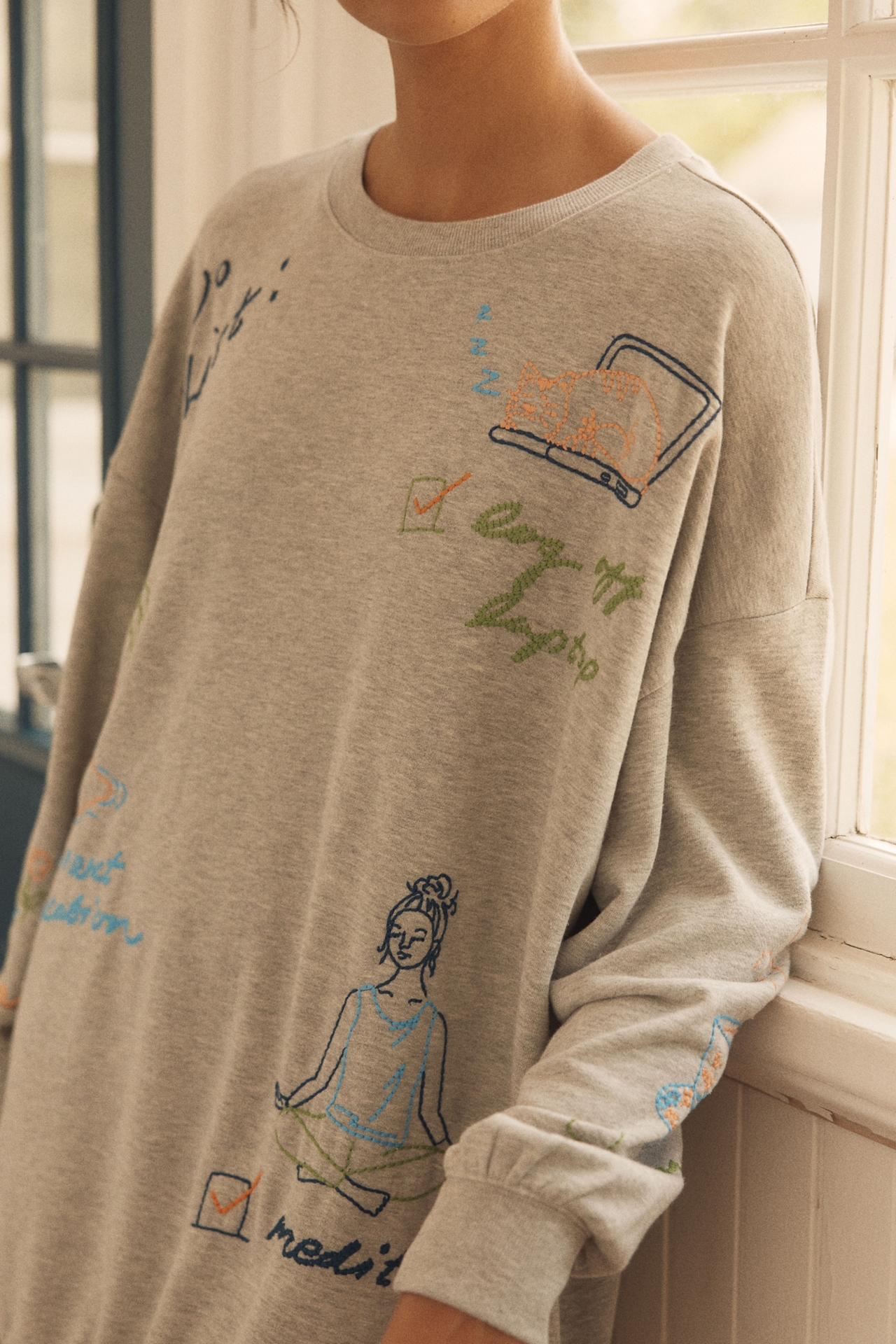 By Anthropologie Embroidered Crew-Neck Sweatshirt