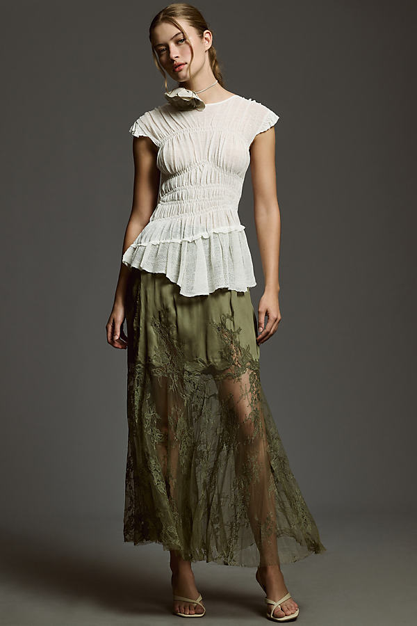 By Anthropologie Satin Sheer Lace Maxi Slip Skirt