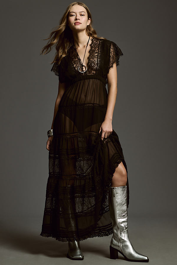 By Anthropologie Sheer Lace V-Neck Maxi Dress