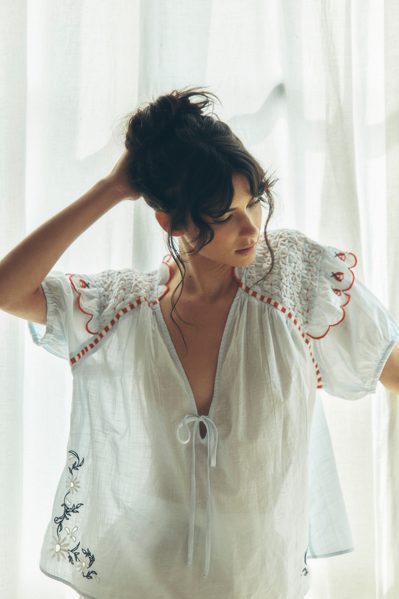 LyreBird Puff-Sleeve Embroidered Top