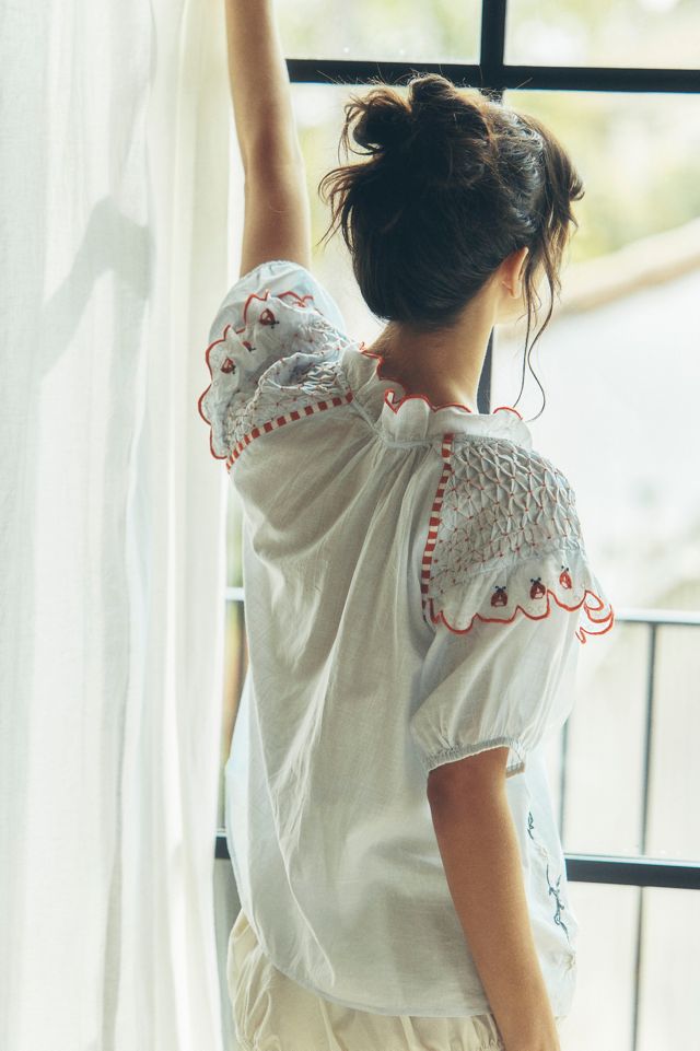 LyreBird Puff-Sleeve Embroidered Top | Anthropologie