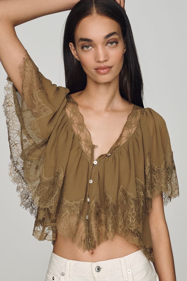 LyreBird Chiffon Lace Trim Cropped Top #2