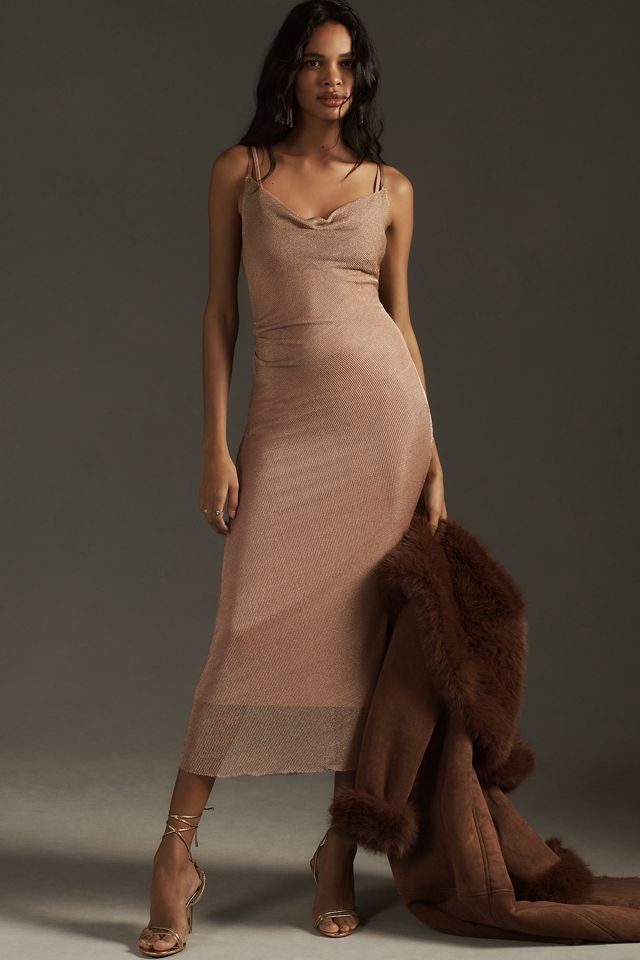 By Anthropologie Sleeveless Cowl-Neck Shine Mesh Midi Dress | Anthropologie