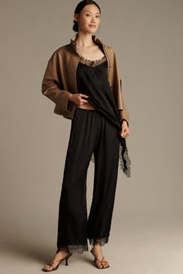 Pantaloni a Gamba Larga in Raso con Rifiniture in Pizzo LyreBird