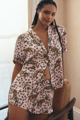 By Anthropologie Silky Patterned Pajama Top In Pink