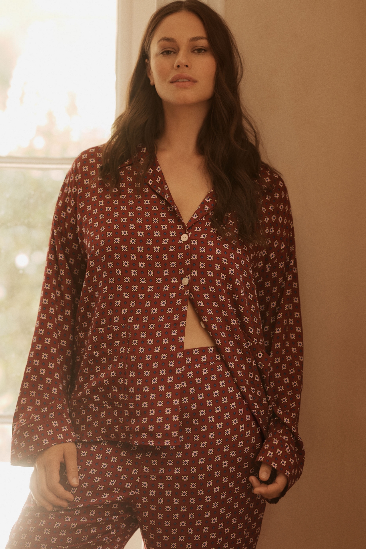LyreBird Long-Sleeve Silky Buttondown Pajama Top