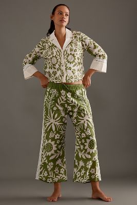 Desmond & Dempsey Boxy Shirt & Wide-leg Trousers Pyjama Set In Green