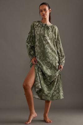 Desmond & Dempsey Blouson-sleeve Kaftan Nightie In Green