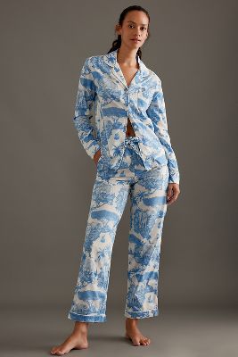 Desmond & Dempsey Loxodonta Long Pyjama Set In Blue