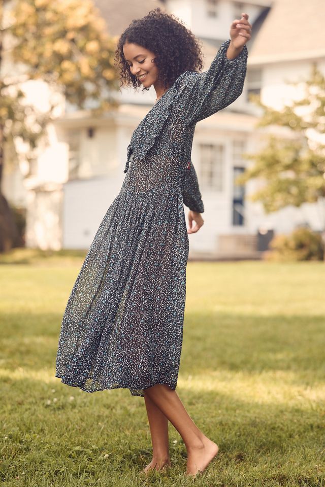 By Anthropologie Long-Sleeve Printed Sheer Midi Dress #1