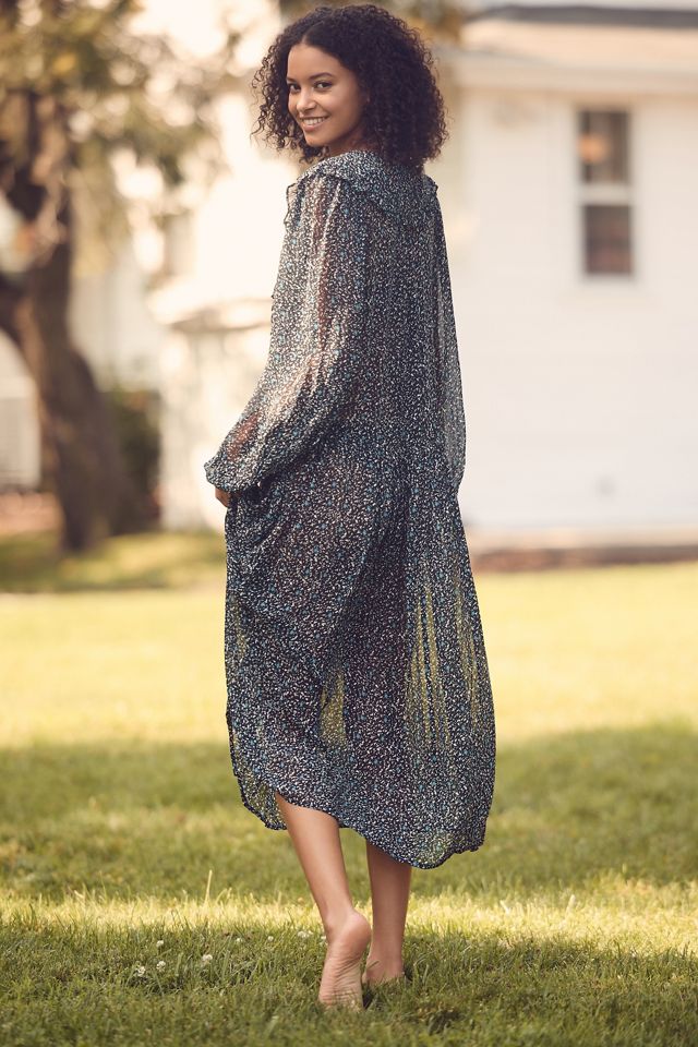 By Anthropologie Long-Sleeve Printed Sheer Midi Dress #3