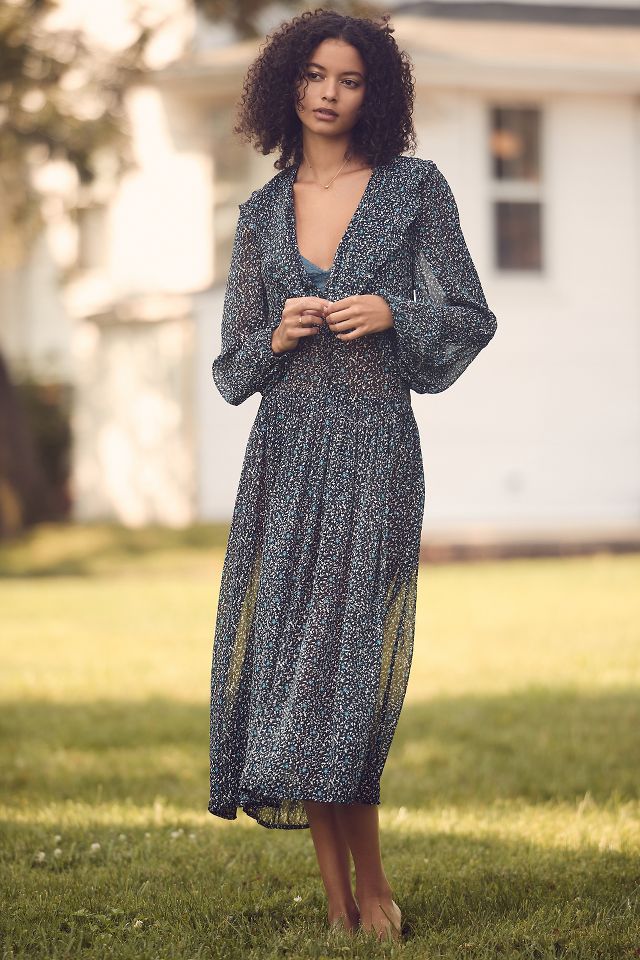 By Anthropologie Long-Sleeve Printed Sheer Midi Dress | Anthropologie UK