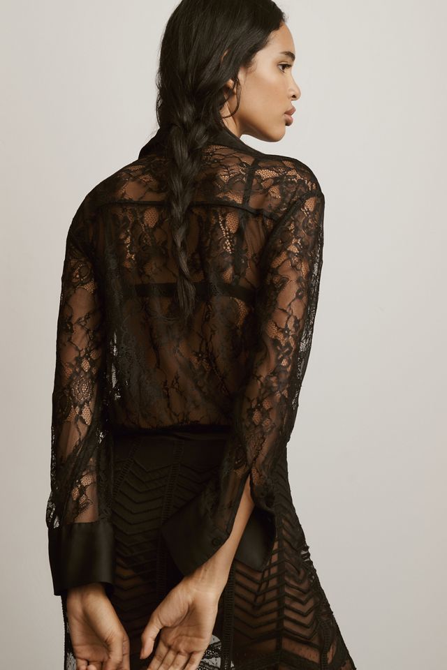 By Anthropologie Sheer Lace Long-Sleeve Bodysuit