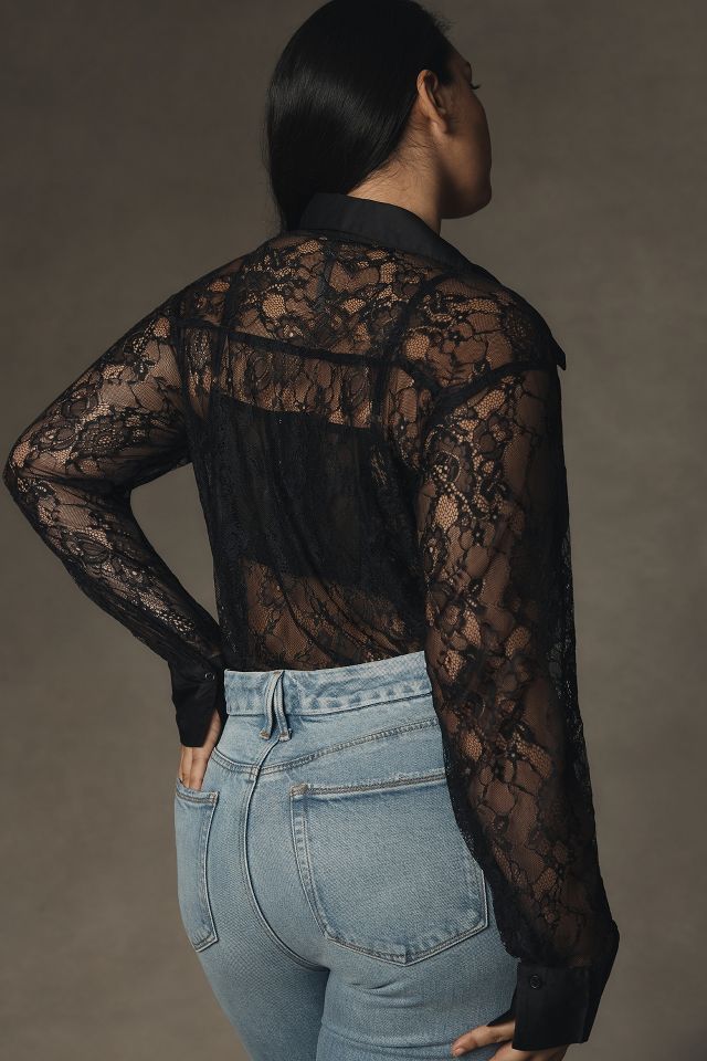 By Anthropologie Long-Sleeve Sheer Lace Bodysuit