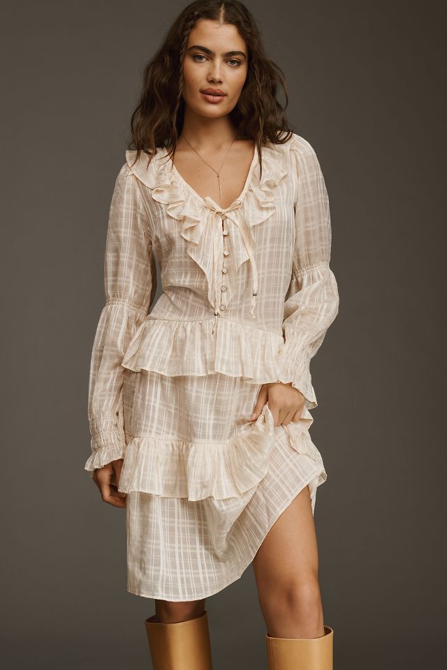 By Anthropologie Long-Sleeve Sheer Ruffled Tunic Dress