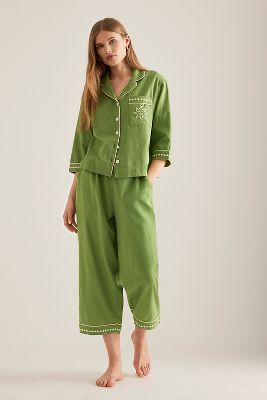 Long Cotton Pyjama Set en Green taille: XS chez Anthropologie - TBCo - Modalova