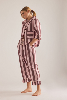Tbco Long Cotton Stripe Pyjama Set In Pink