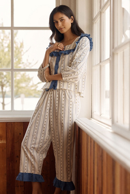 Tbco 100% Cotton Ruffled Pajama Set In Ivory