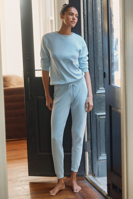 Papinelle Cozy Pointelle Long-sleeve Top & Jogger Pants Set In Blue