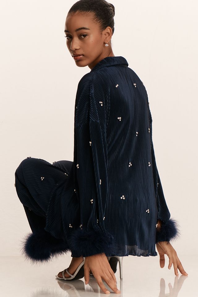 Waverles Jeweled Pleated Faux Feather Pajama Set #1