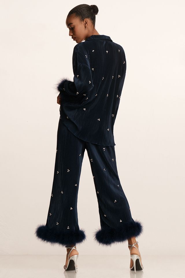 Waverles Jeweled Pleated Faux Feather Pajama Set #2