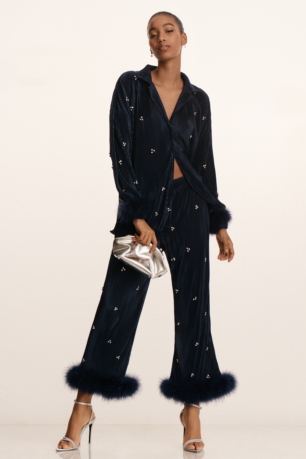 Waverles Jeweled Pleated Faux Feather Pajama Set