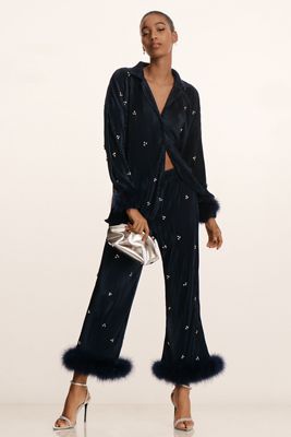Waverles Jeweled Pleated Faux Feather Pajama Set