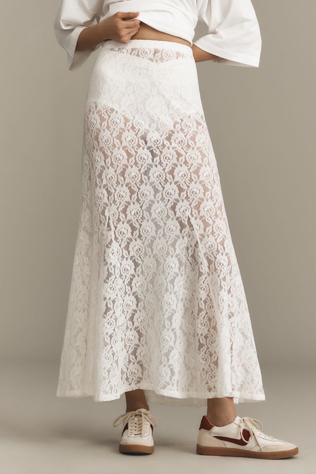 By Anthropologie Sheer Tiered Lace Maxi Skirt