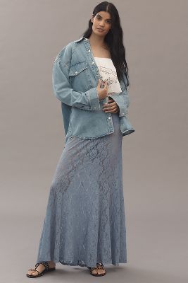 By Anthropologie Sheer Tiered Lace Maxi Skirt In Blue