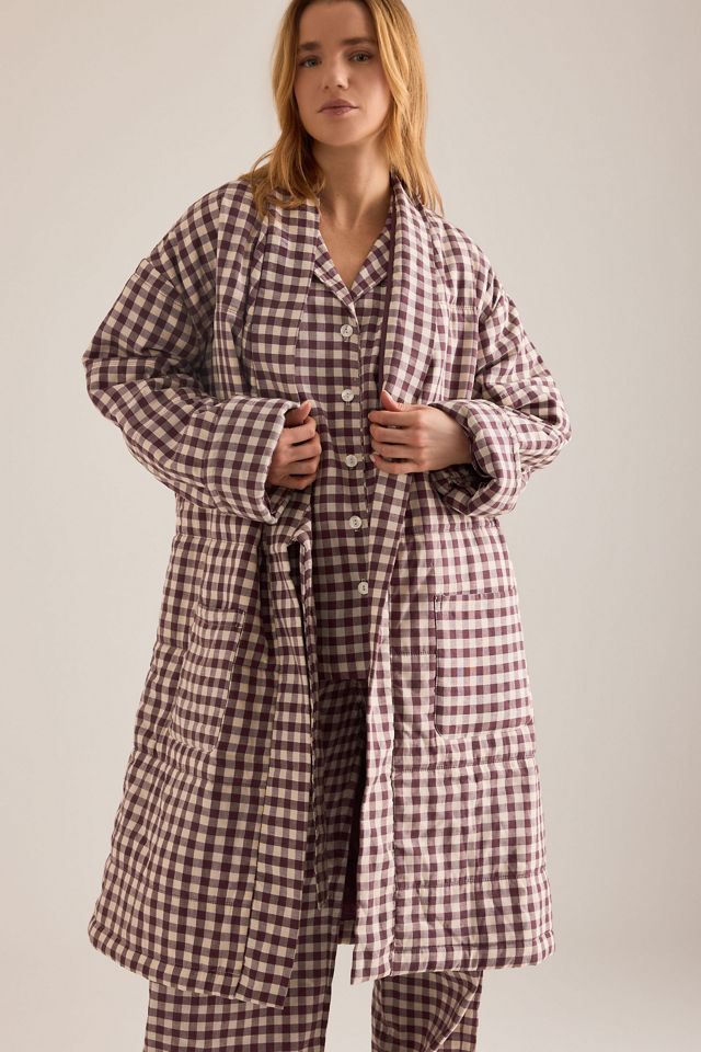 Piglet In Bed Berry Gingham Linen-Blend Housecoat #3