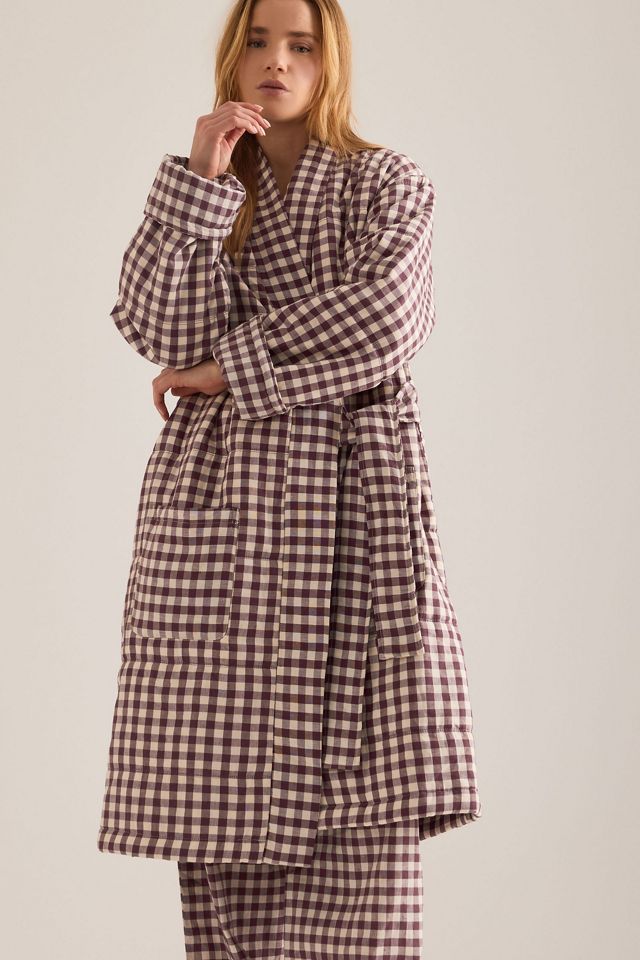 Piglet In Bed Berry Gingham Linen-Blend Housecoat #4
